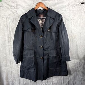 Anne Klein Black Trench Coat XL Snakeskin Lining Button Front Pockets